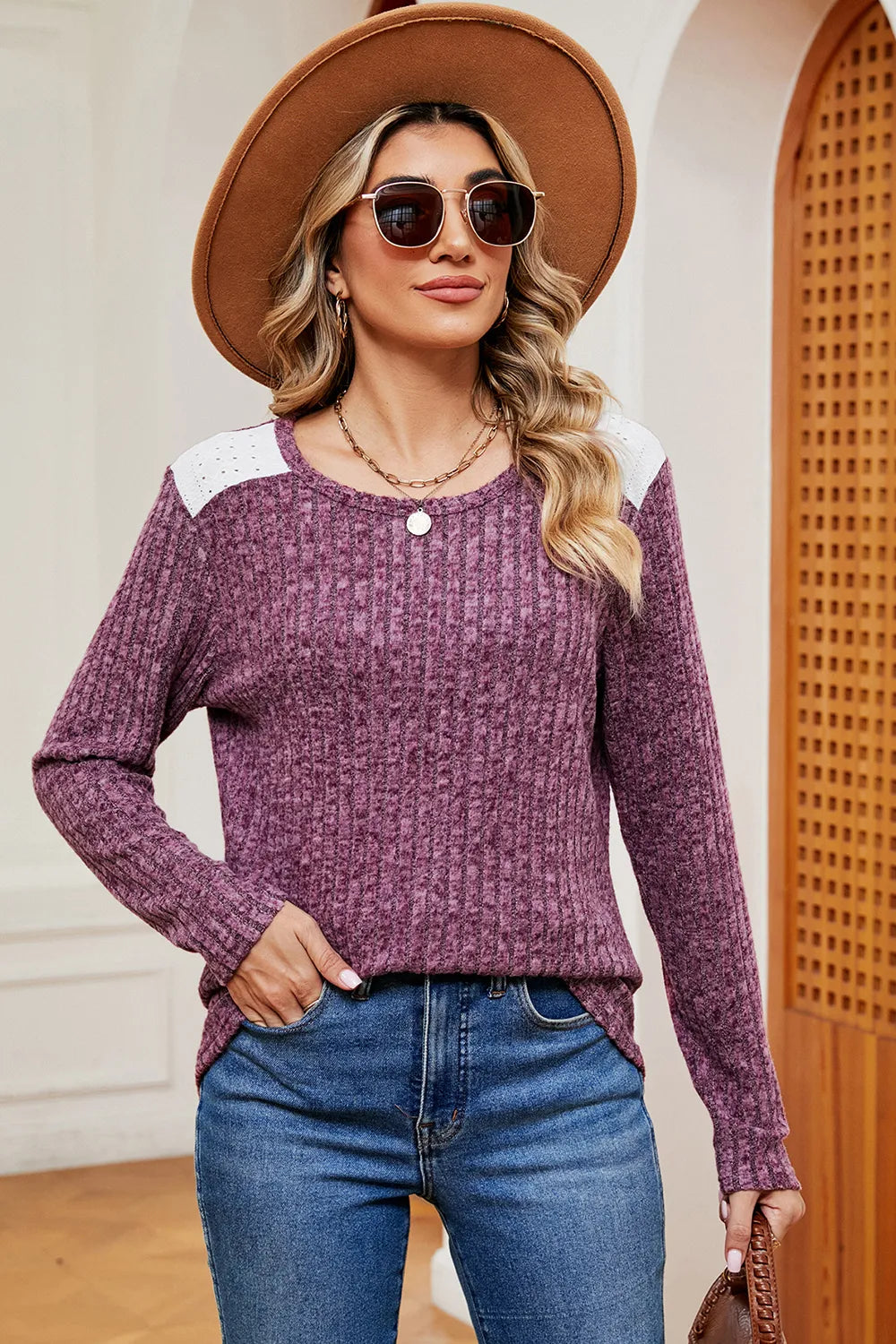 Eyelet Ribbed Round Neck Long Sleeve T-Shirt – Trendsi | ClozArt