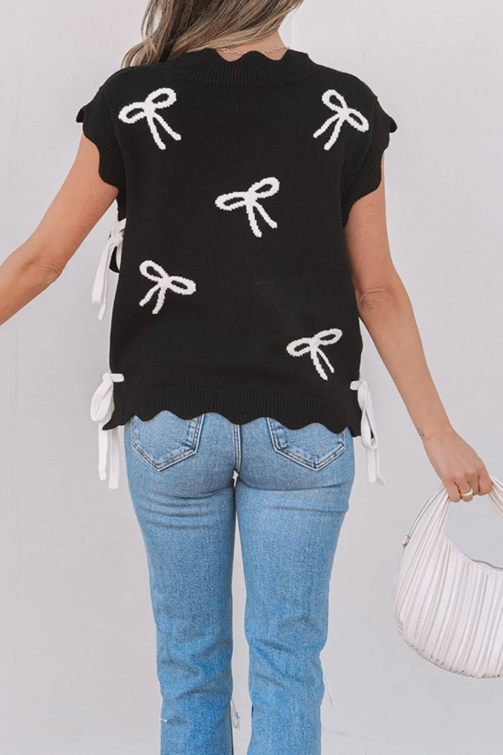 Bow Side Ties Scalloped Hem Cap Sleeve Sweater – Trendsi | ClozArt