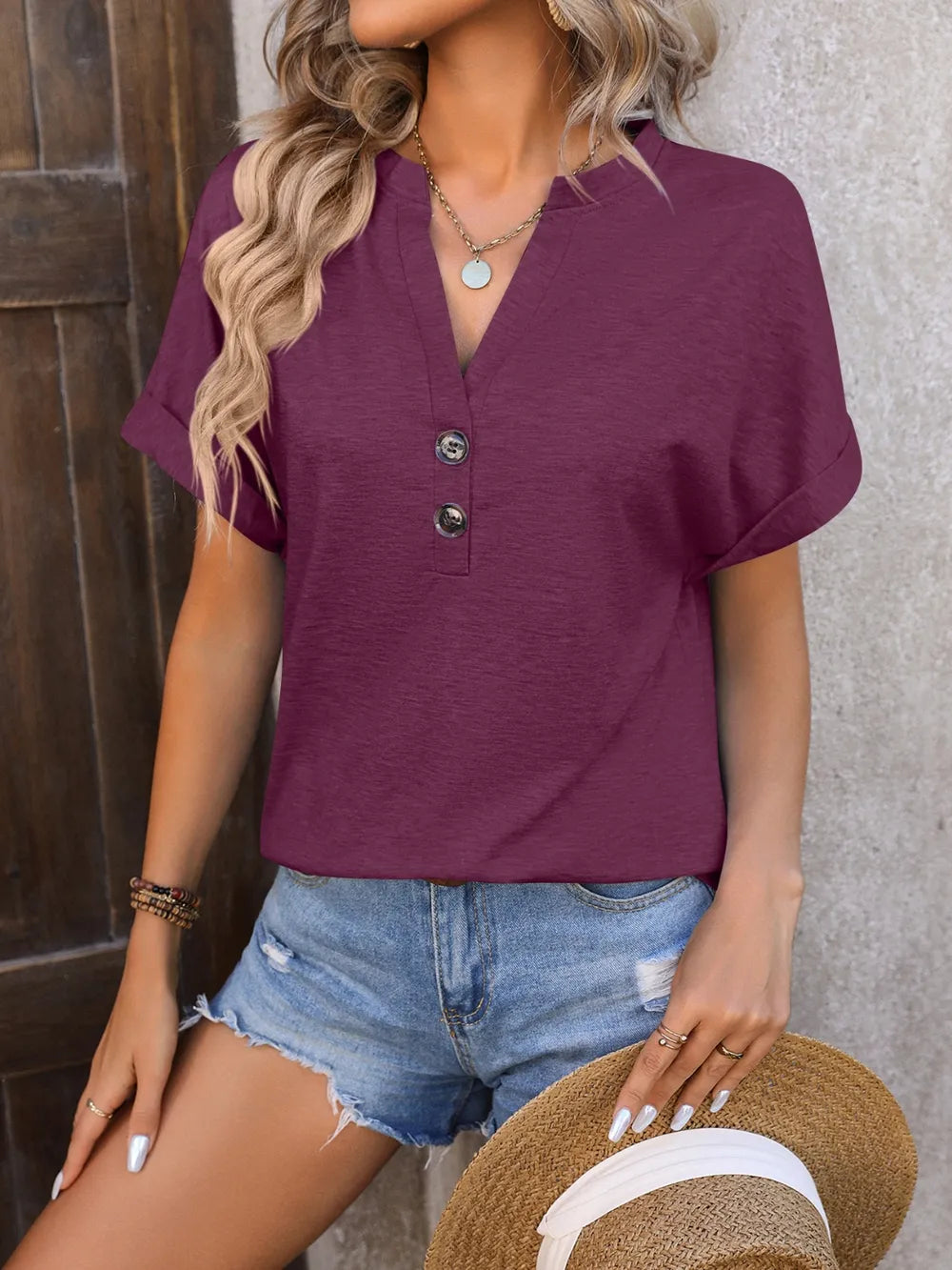 Mandy Notched Buttoned Short Sleeve T-Shirt – Trendsi | ClozArt