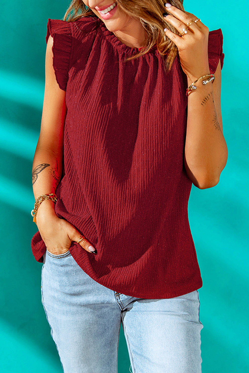 Textured Flutter Sleeve Frill Neck Blouse – Trendsi | ClozArt