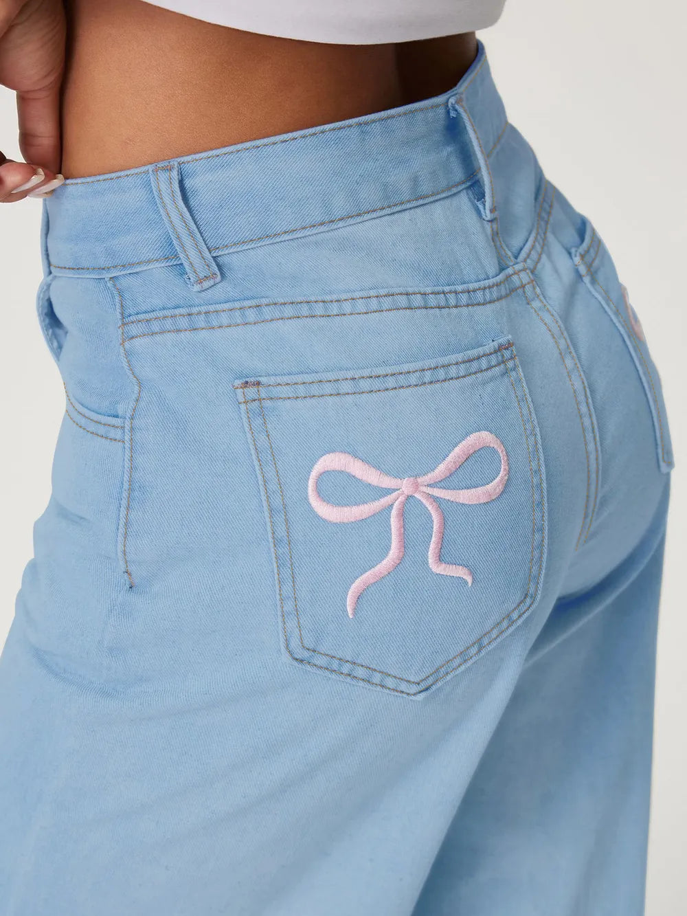 Embroidered Bow Back Wide Leg Jeans – Trendsi | ClozArt