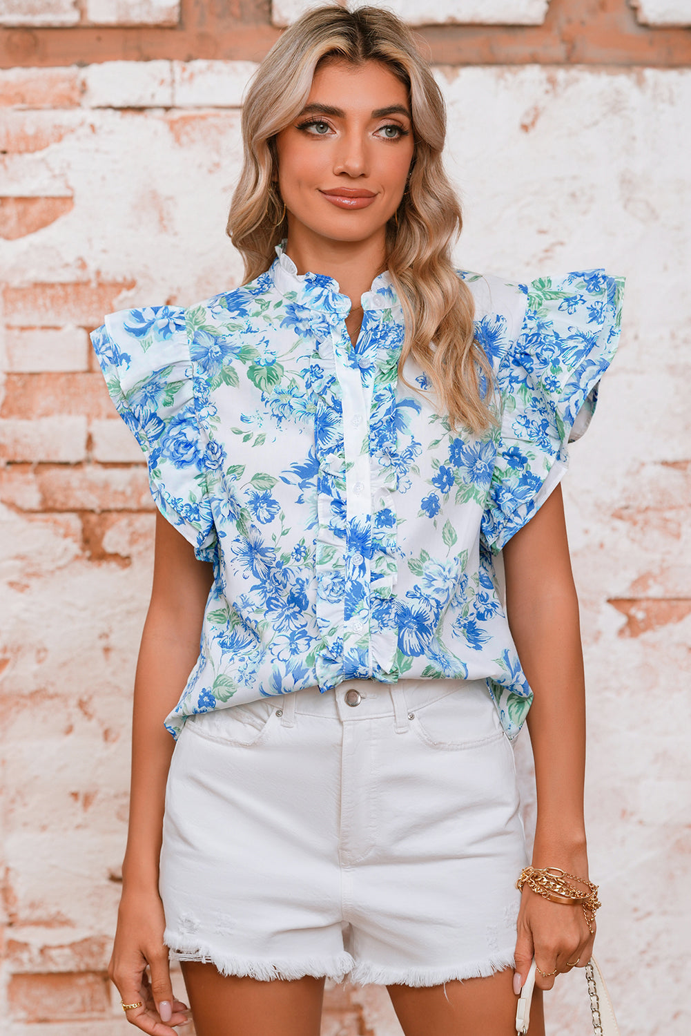 Sky Blue Floral Print Ruffle Sleeve Frill Shirt – Shewin | ClozArt