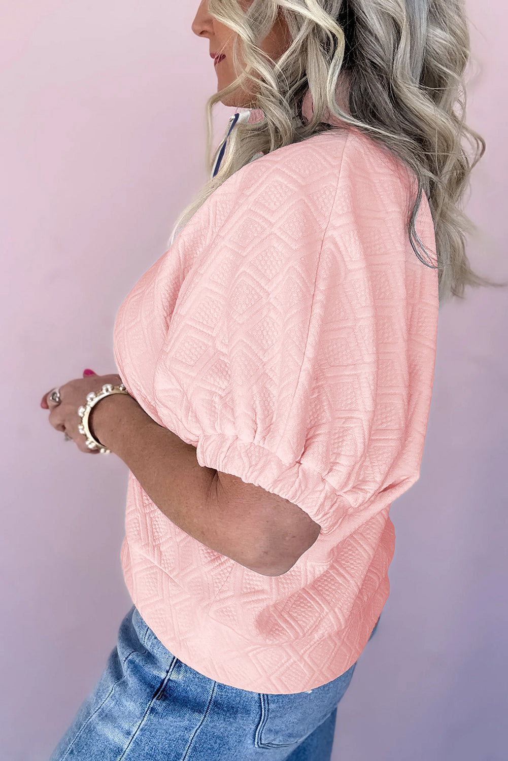Light Pink Puff Sleeve Zipper Pop of Color Neckline Blouse – Shewin | ClozArt