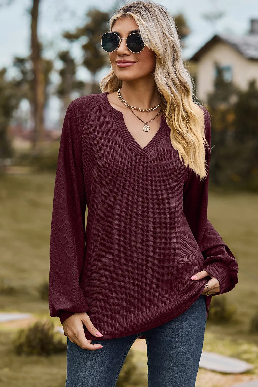 Eyelet Notched Raglan Sleeve T-Shirt – Trendsi | ClozArt