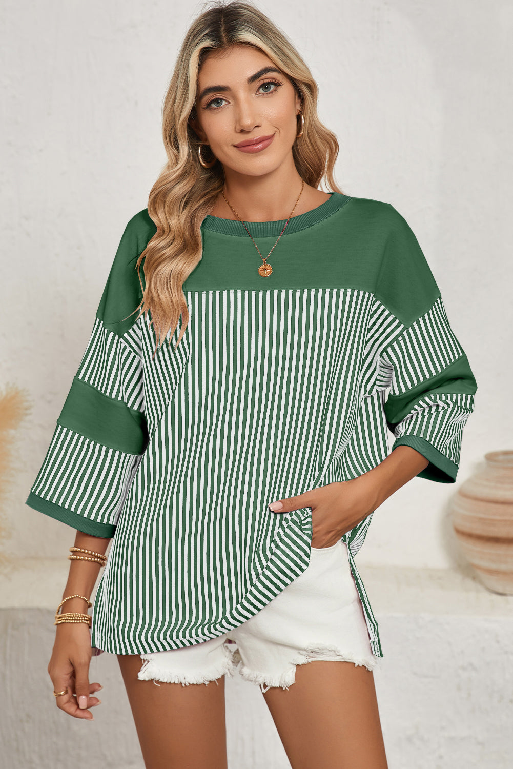 Phalaenopsis Striped Patchwork Oversized Tee – Shewin | ClozArt