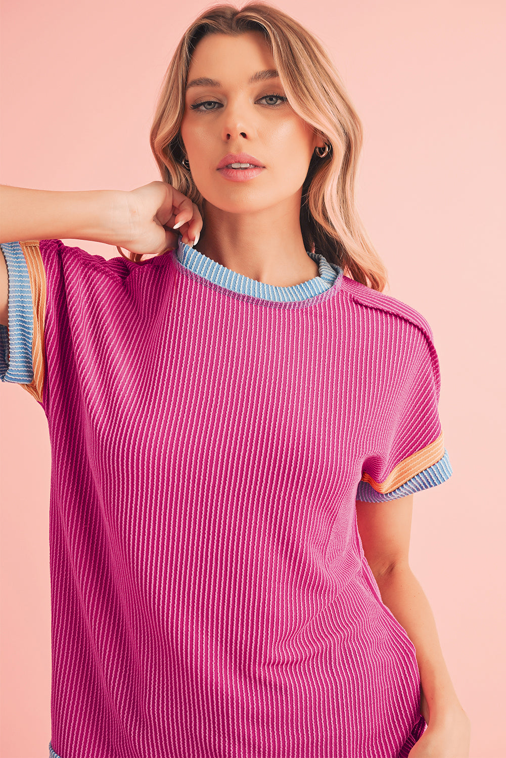 Bright Pink Textured Contrast Color Round Neck T Shirt – Shewin | ClozArt