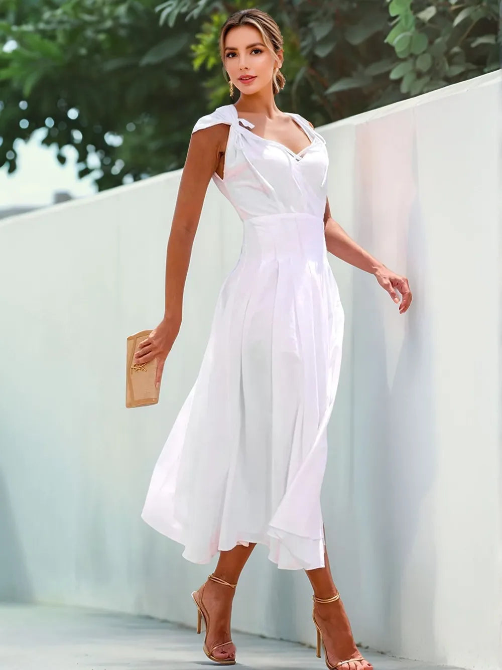 Pleated Detail V-Neck Cap Sleeve Midi Dress – Trendsi | ClozArt