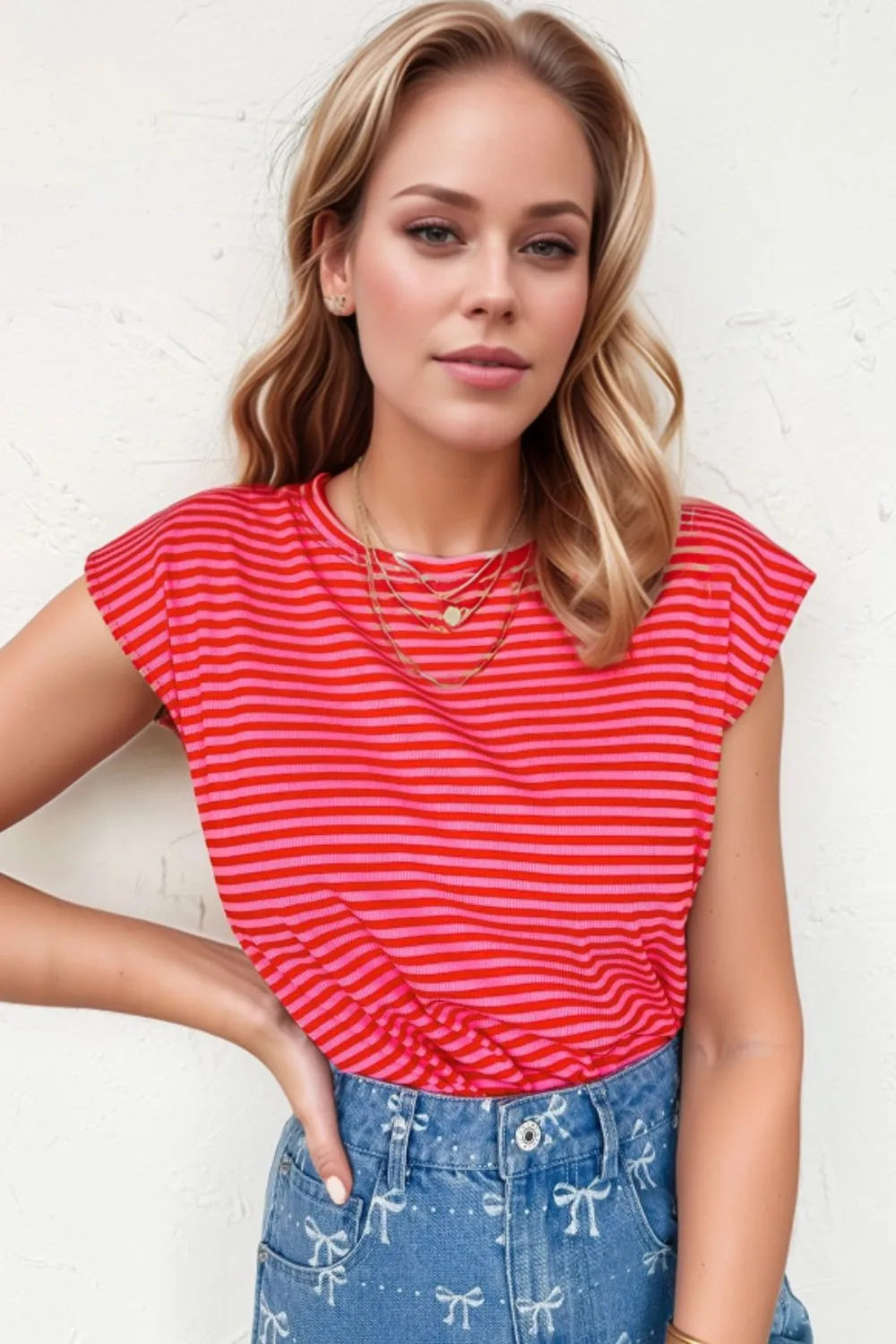 Stripe Ribbed Cap Sleeve Round Neck T Shirt – Trendsi | ClozArt