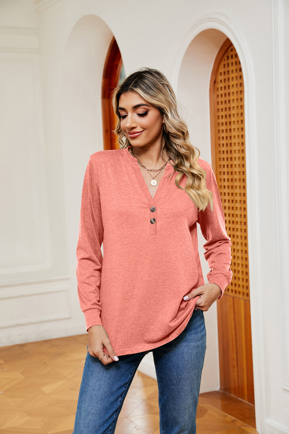 Buttoned Notched Neck Long Sleeve Top – Trendsi | ClozArt