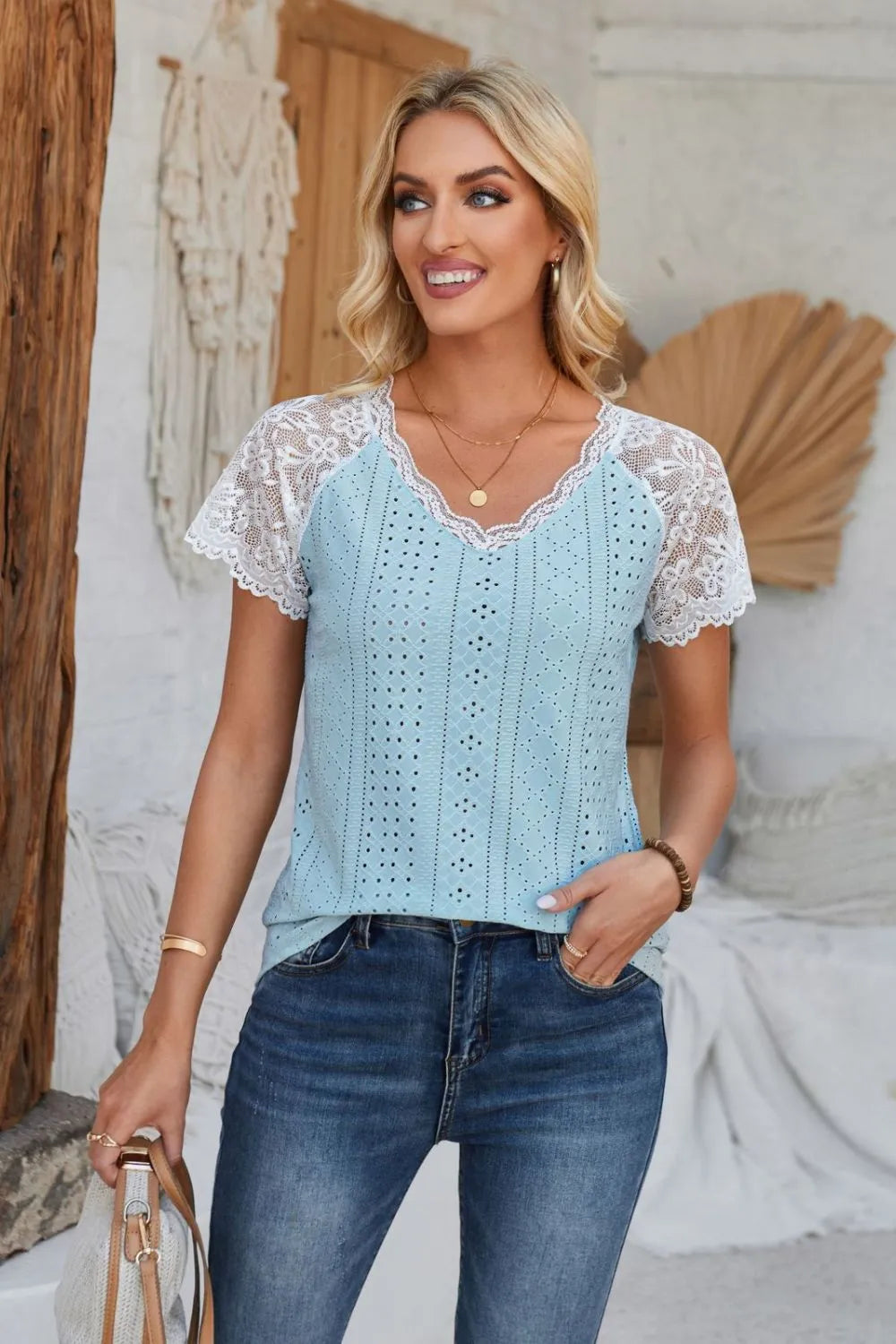 Eyelet V-Neck Lace Short Sleeve T-Shirt – Trendsi | ClozArt