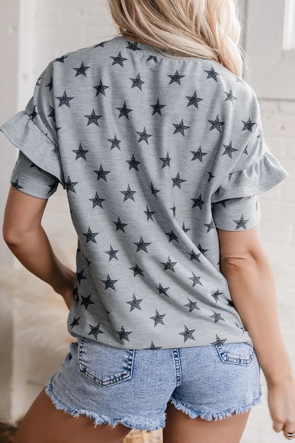 Star Print Tiered Ruffled Sleeve Crew Neck T Shirt – Trendsi | ClozArt