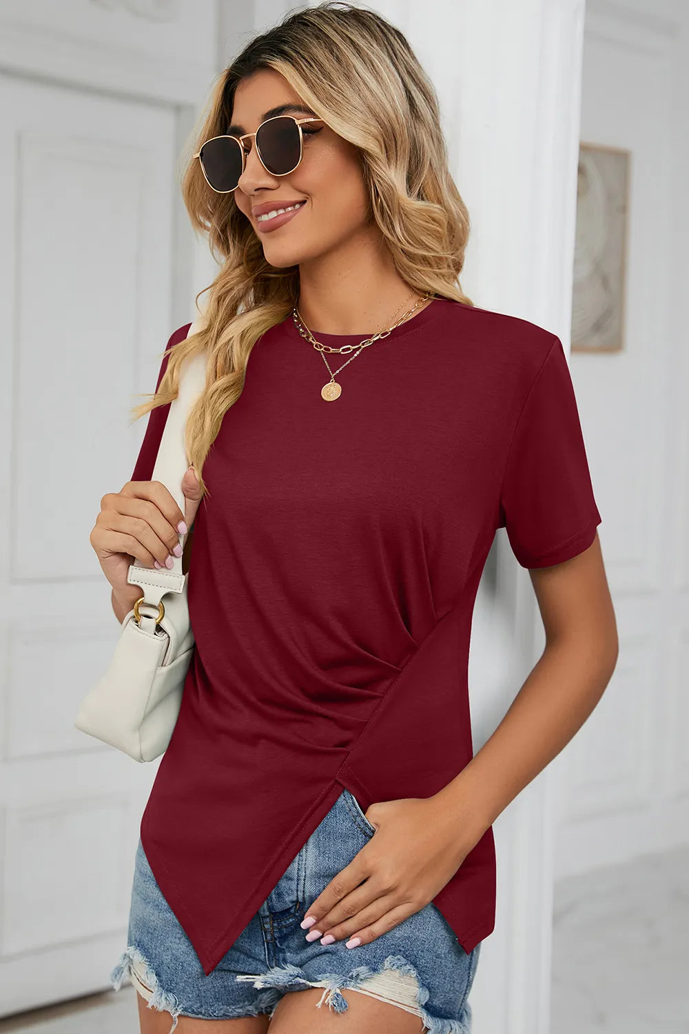 Ruched Round Neck Short Sleeve T-Shirt – Trendsi | ClozArt