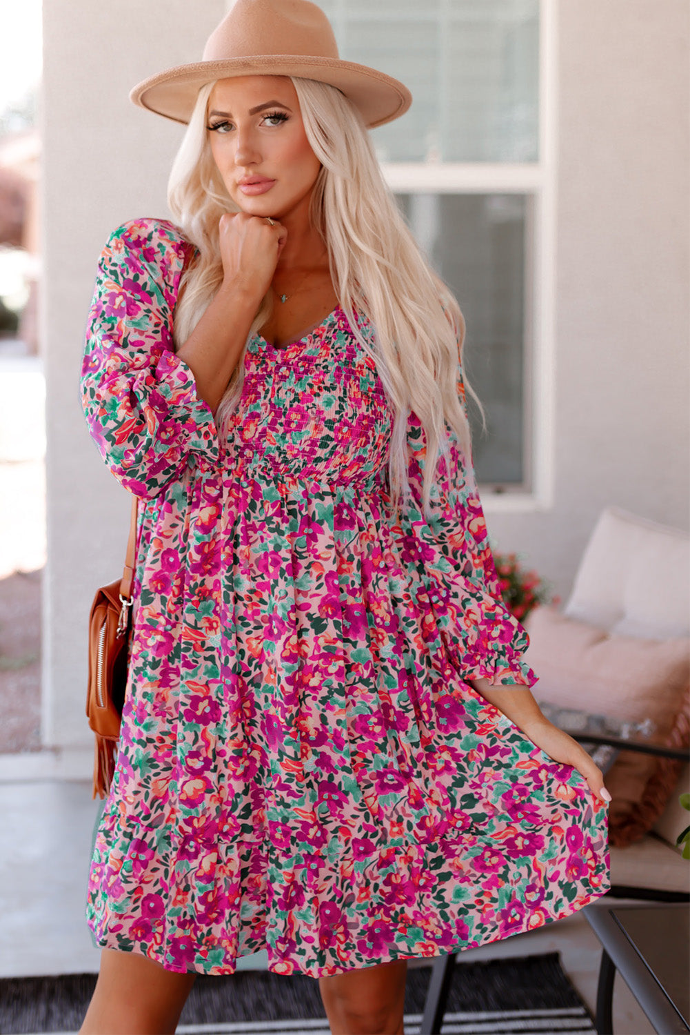 Floral Smocked V-Neck Flounce Sleeve Dress – Trendsi | ClozArt