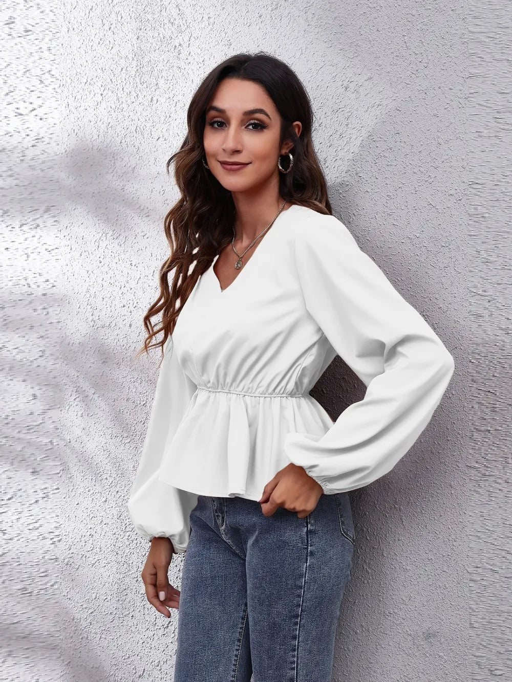 V-Neck Balloon Sleeve Peplum Blouse – Trendsi | ClozArt