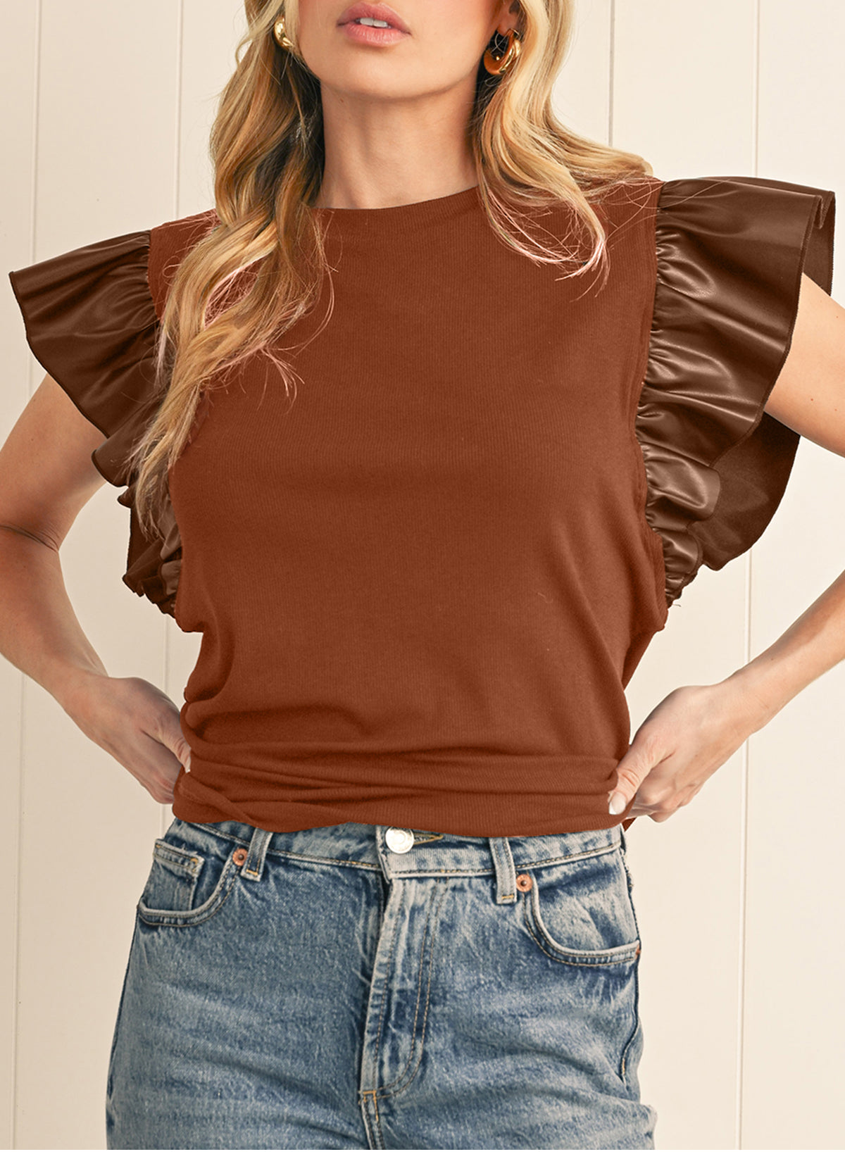 Black Leather Ruffle Shoulder Plain Blouse – Shewin | ClozArt