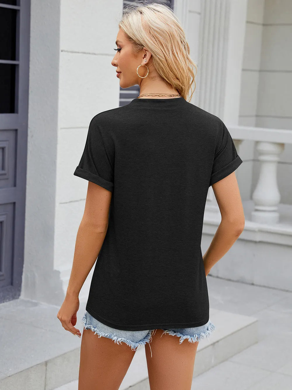 Decorative Button Notched Short Sleeve T-Shirt – Trendsi | ClozArt