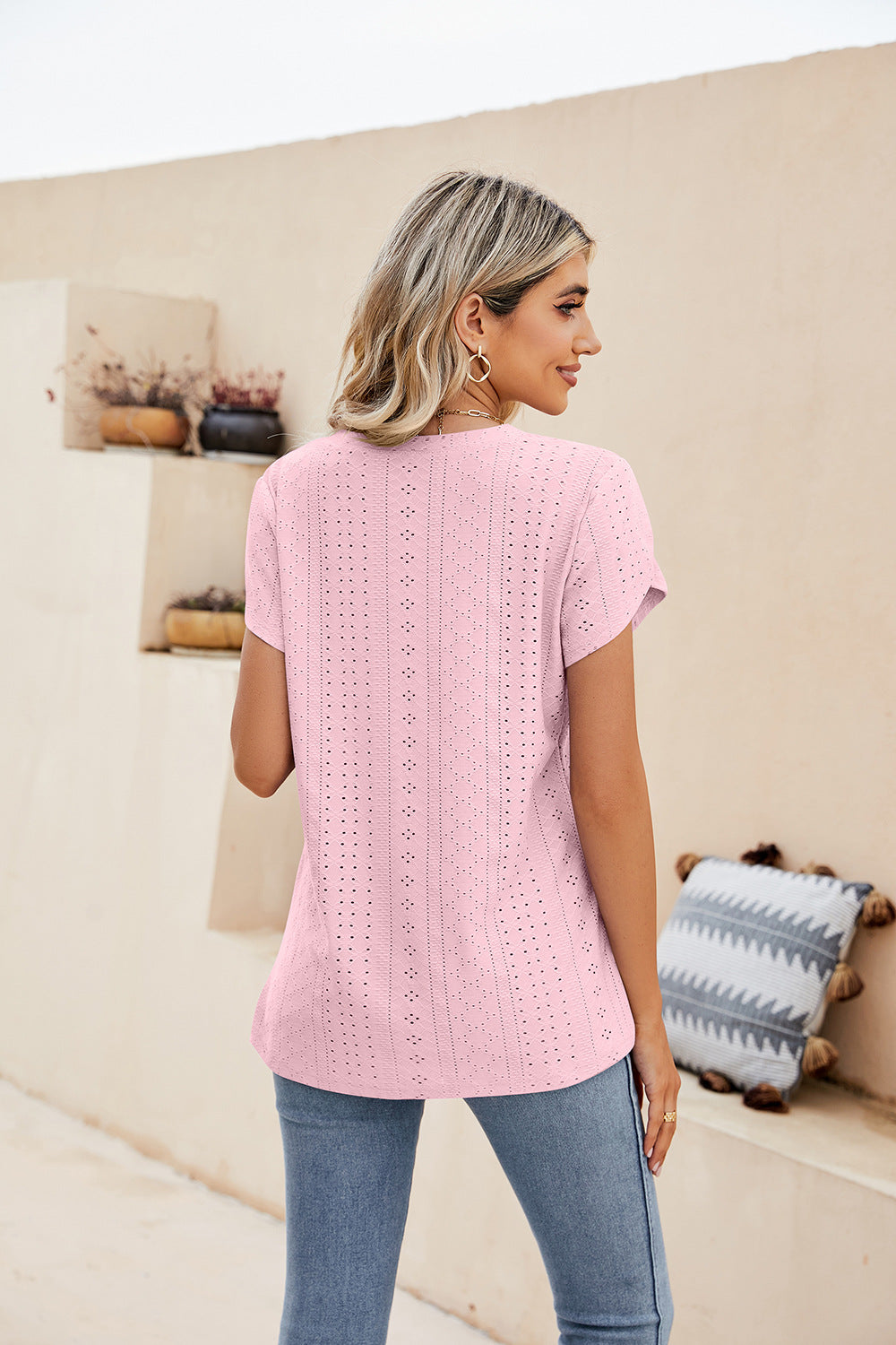 Eyelet Petal Sleeve V-Neck Knit Top – Trendsi | ClozArt
