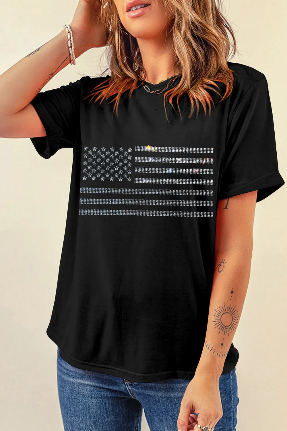 Rhinestone US Flag Round Neck Short Sleeve T-Shirt – Trendsi | ClozArt
