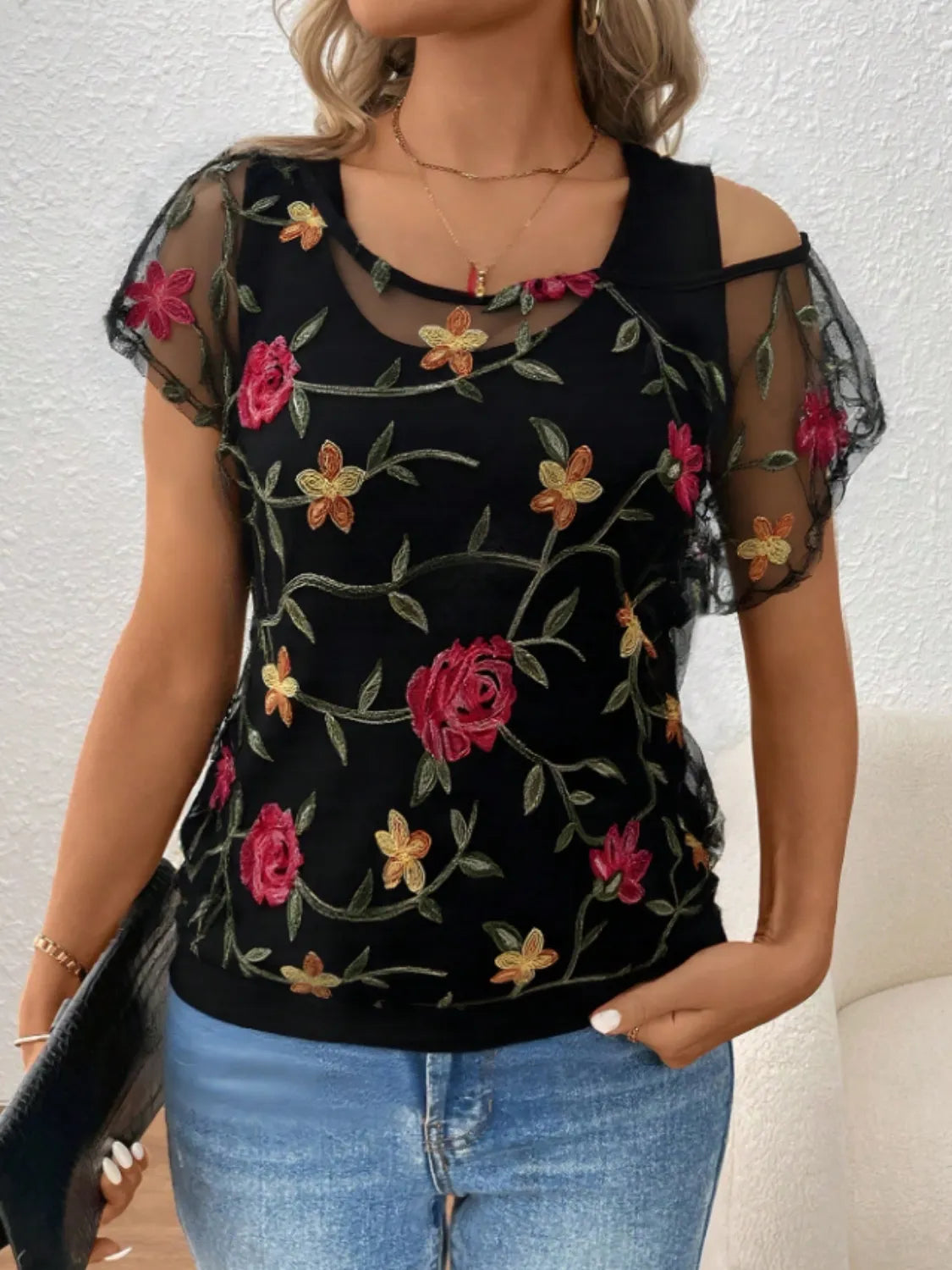 Floral Short Sleeve Sheer Top – Trendsi | ClozArt