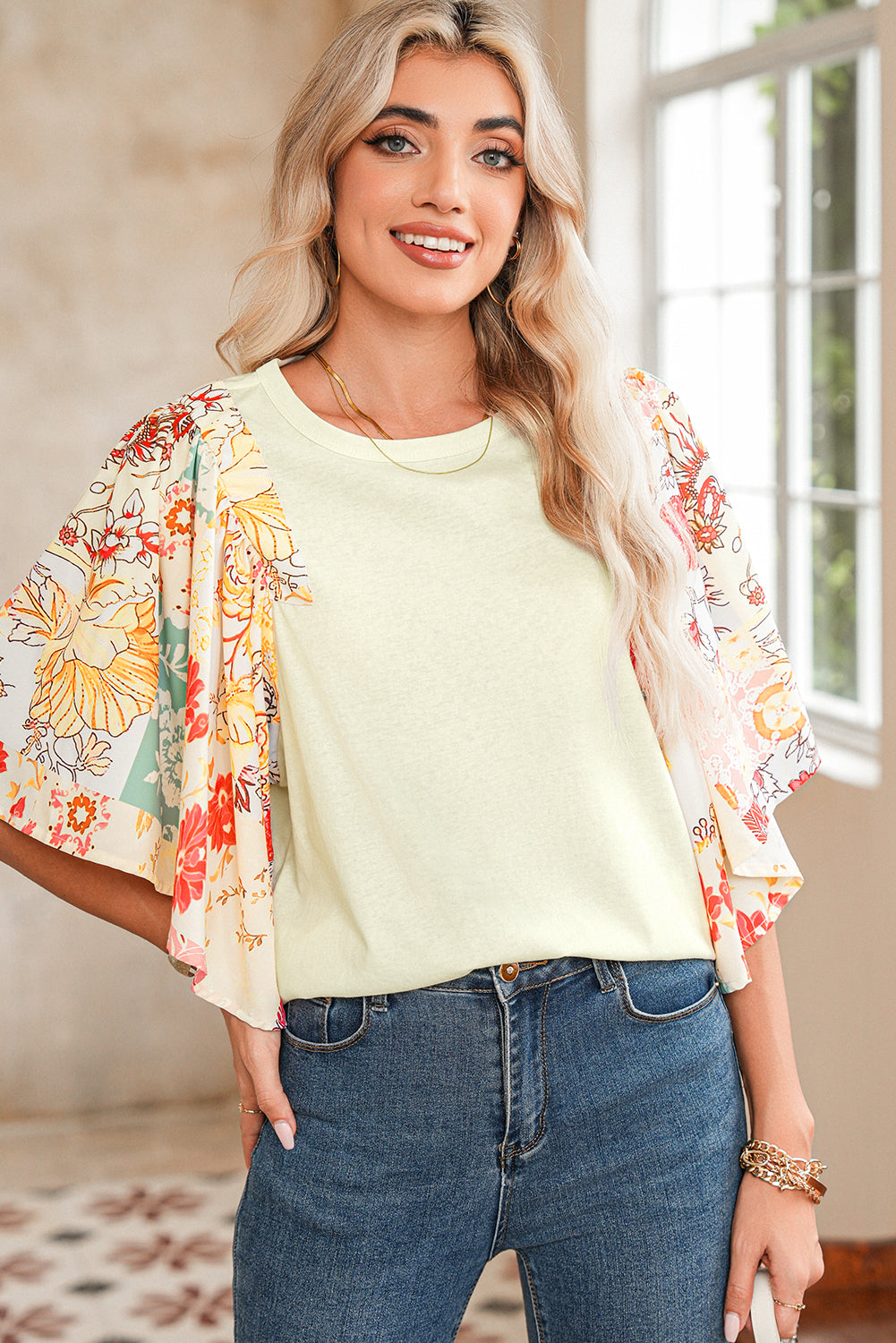 Beige Floral Patchwork Batwing Sleeve Blouse – Shewin | ClozArt