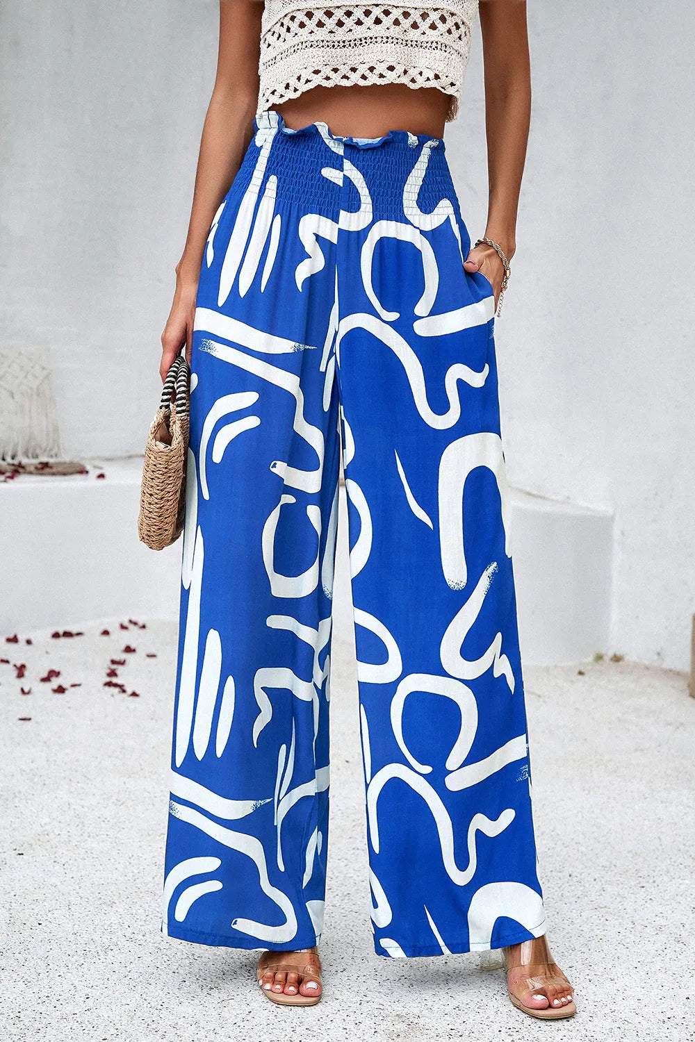 Devine Smocked Printed Wide Leg Pants with Pockets – Trendsi | ClozArt