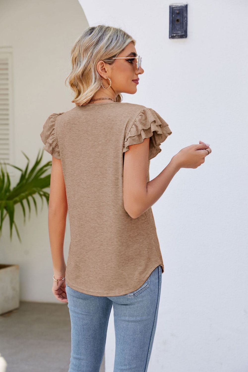 Smocked Flutter Sleeve V-Neck Top – Trendsi | ClozArt