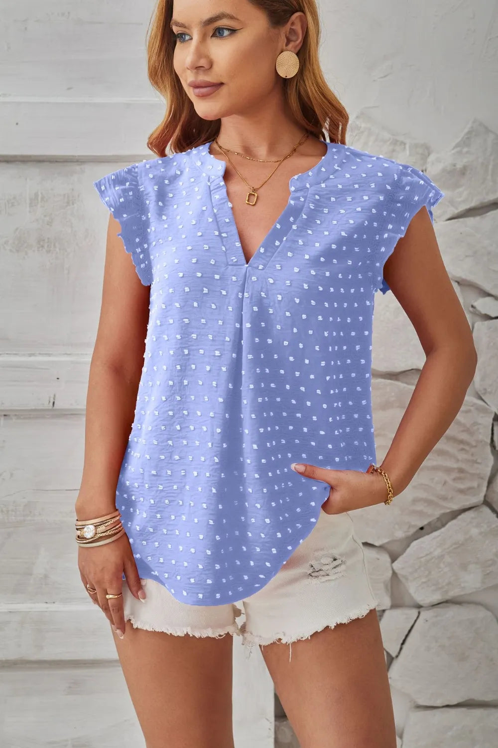 Swiss Dot Ruffled Cap Sleeve T-Shirt – Trendsi | ClozArt