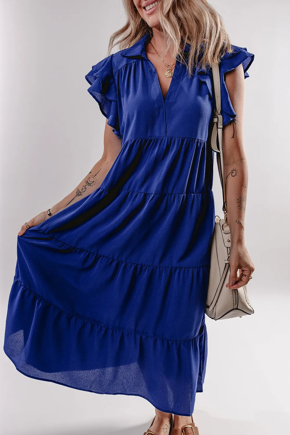 Ruffled Short Sleeve Collared V Neck Tiered Midi Dress – Trendsi | ClozArt