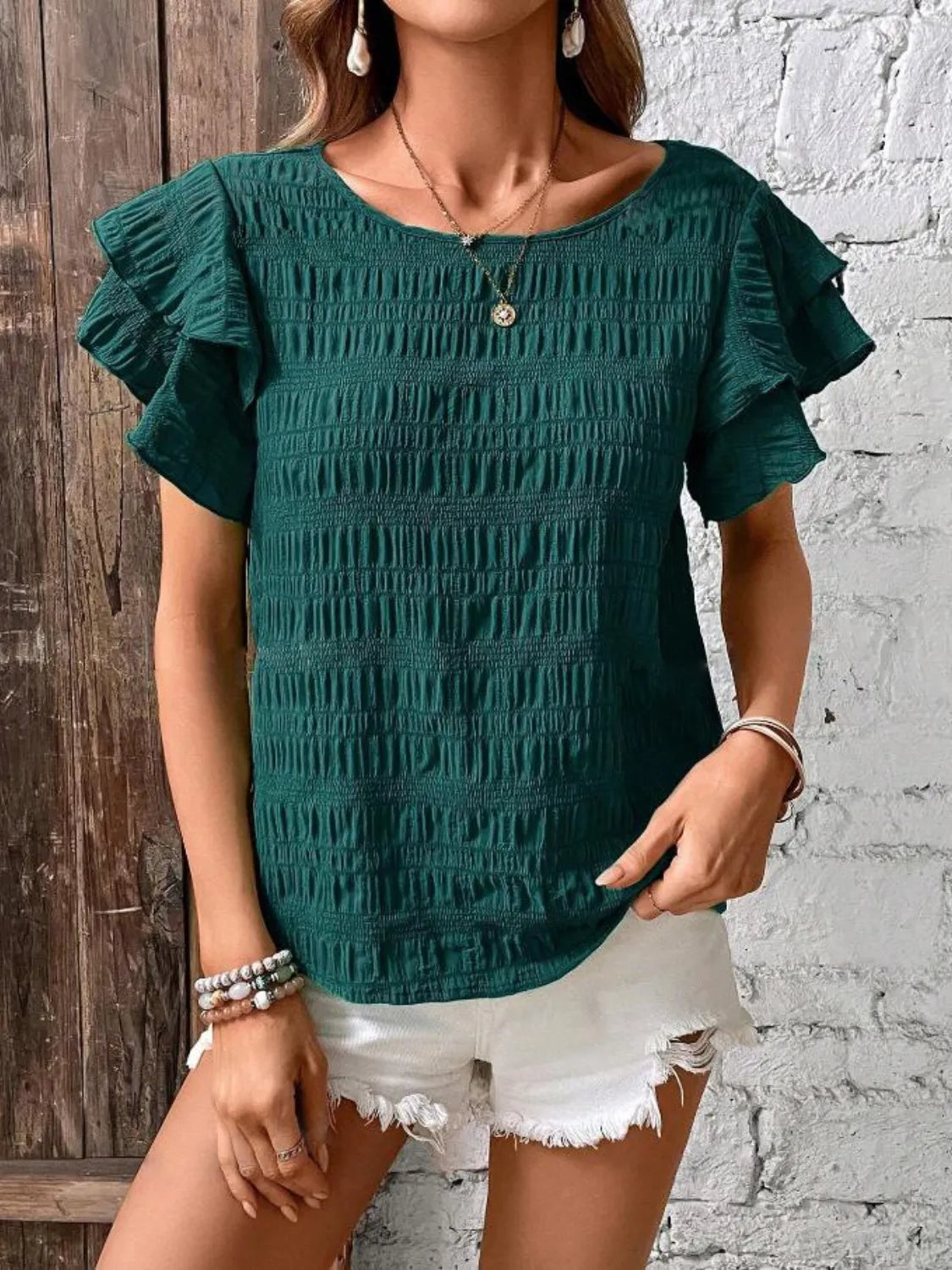 Round Neck Ruffled Short Sleeve Top – Trendsi | ClozArt
