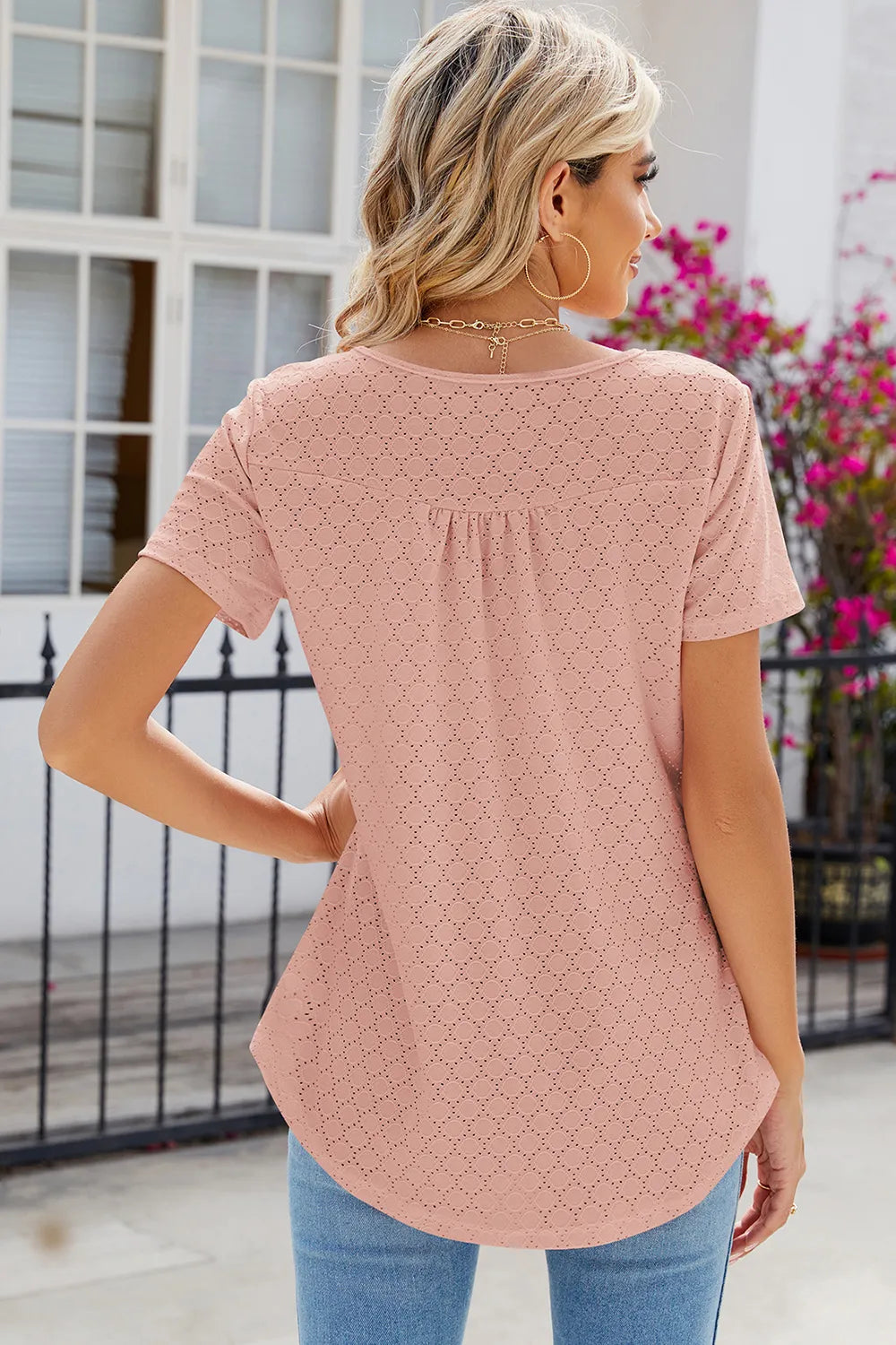 Eyelet Quarter Button Short Sleeve T-Shirt – Trendsi | ClozArt