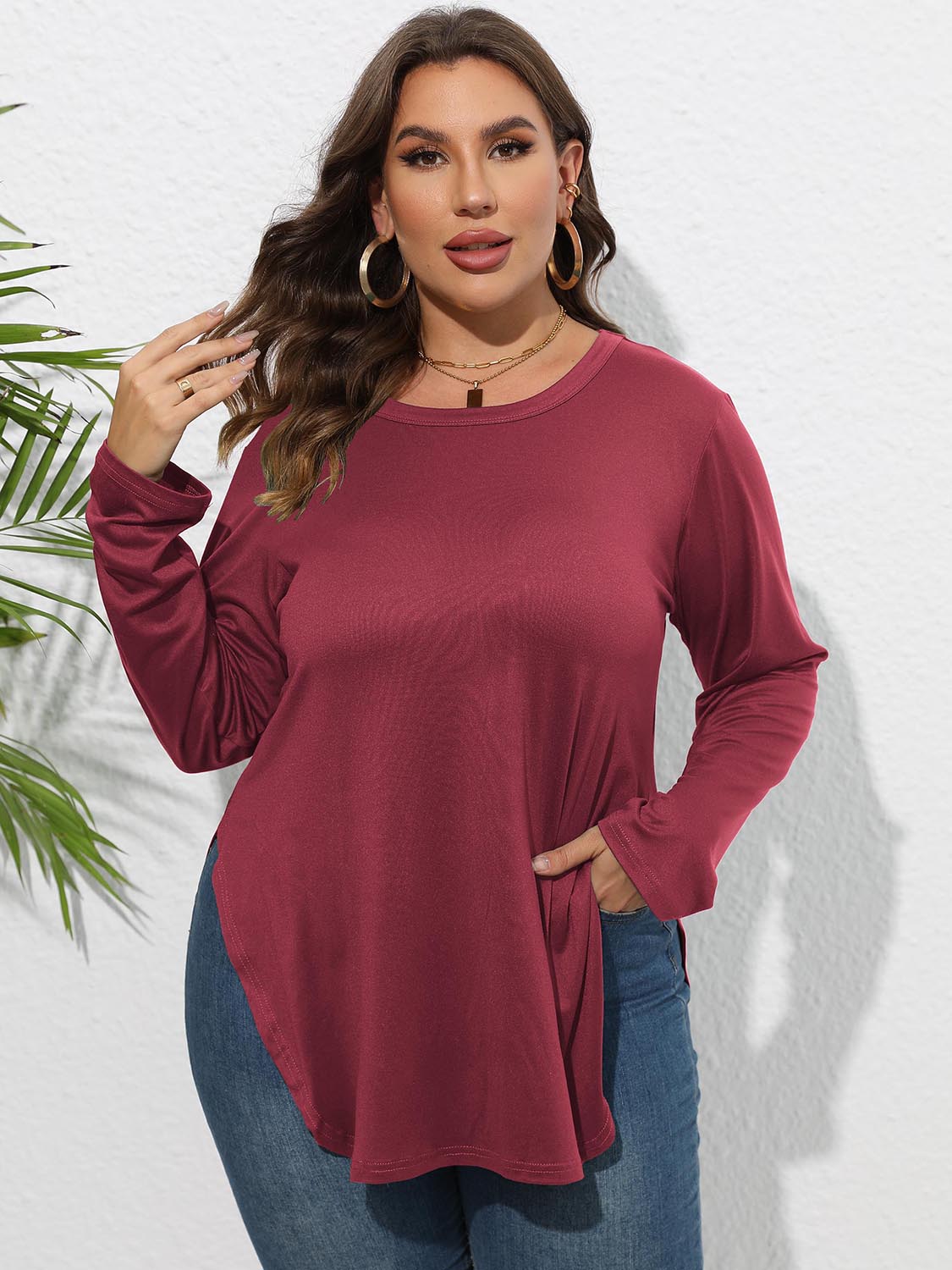 Plus Size Round Neck Long Sleeve Slit T-Shirt – Trendsi | ClozArt