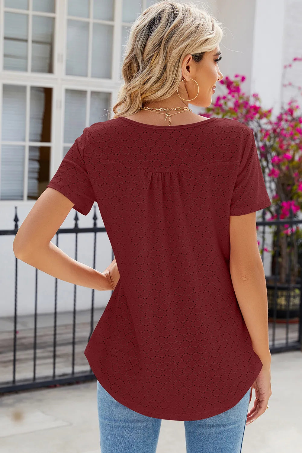 Eyelet Quarter Button Short Sleeve T-Shirt – Trendsi | ClozArt