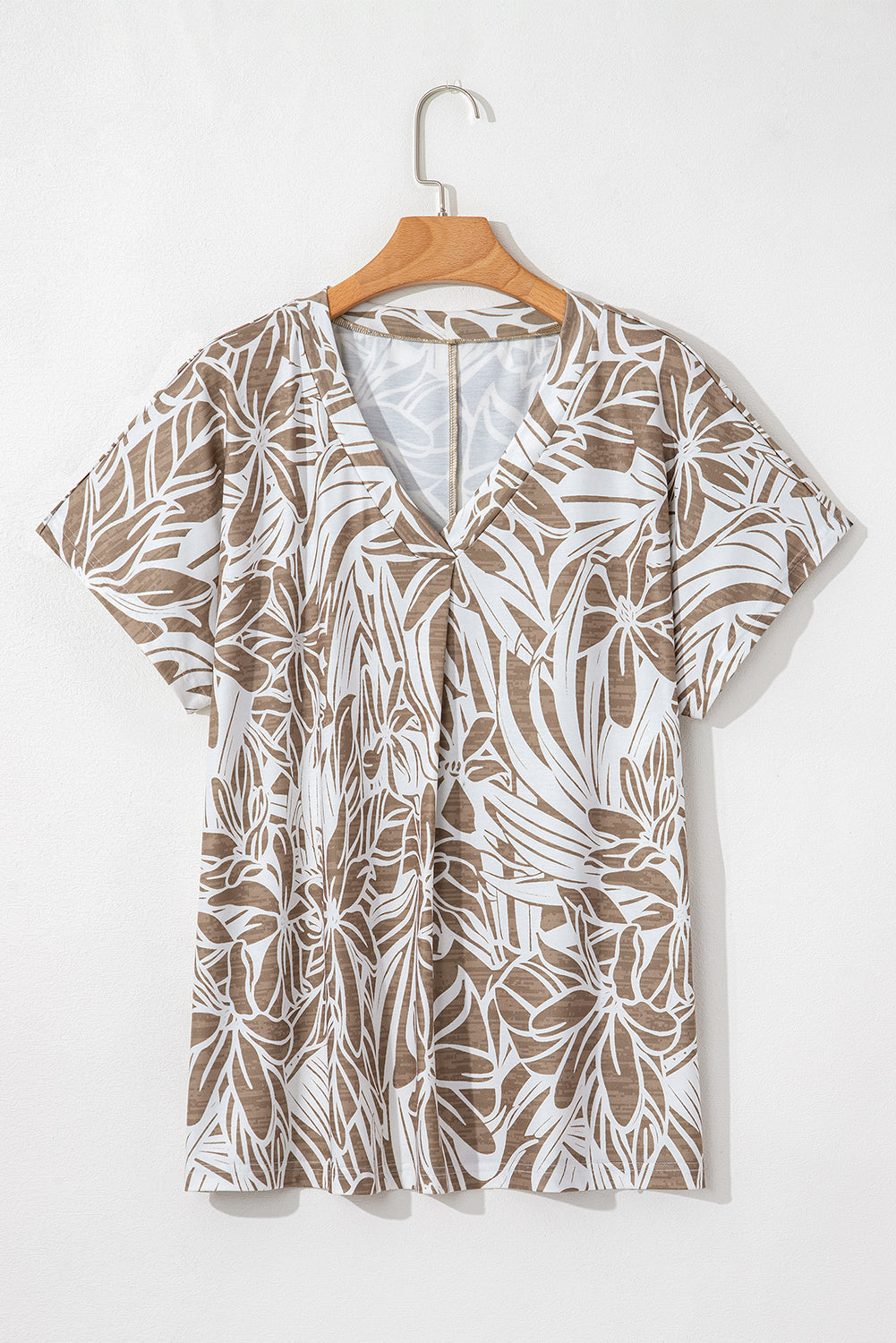 Khaki Floral Print V Neck Short Sleeve Loose Fit Blouse – Shewin | ClozArt