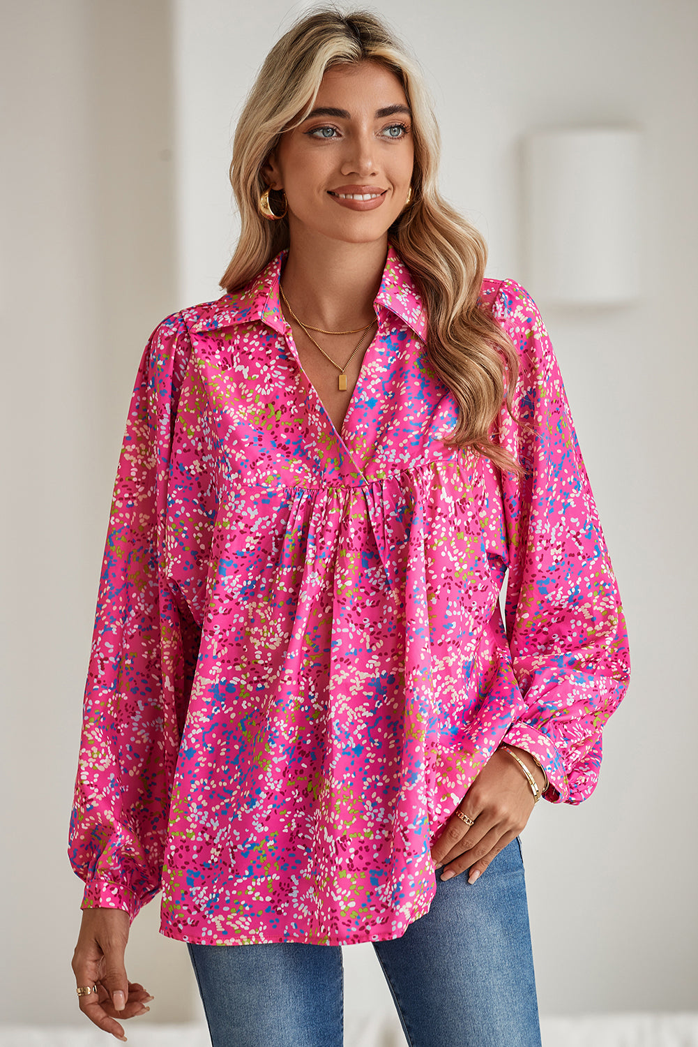 Orange Abstract Print Loose Fit Collared V Neck Babydoll Blouse – Shewin | ClozArt