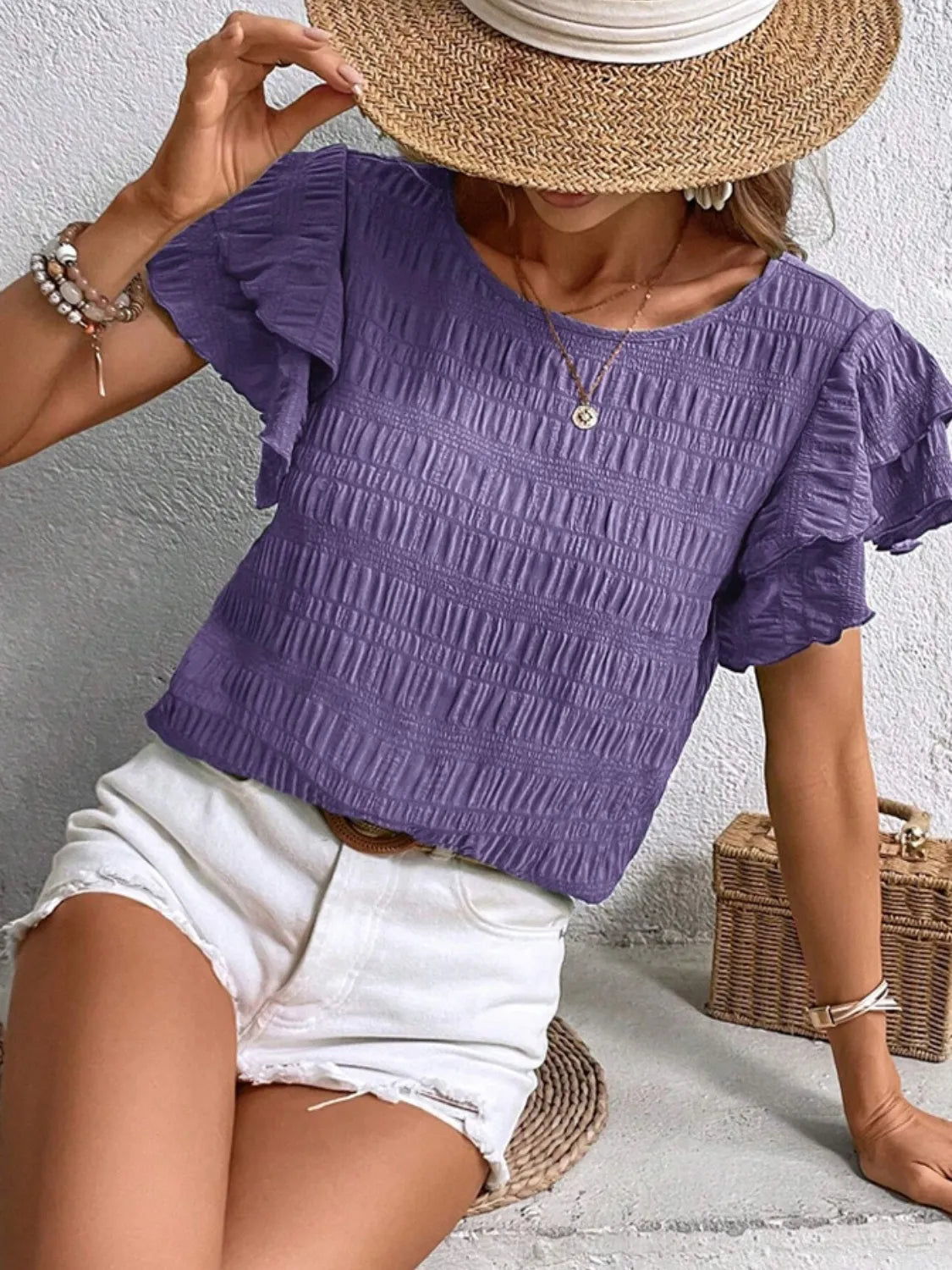 Round Neck Ruffled Short Sleeve Top – Trendsi | ClozArt