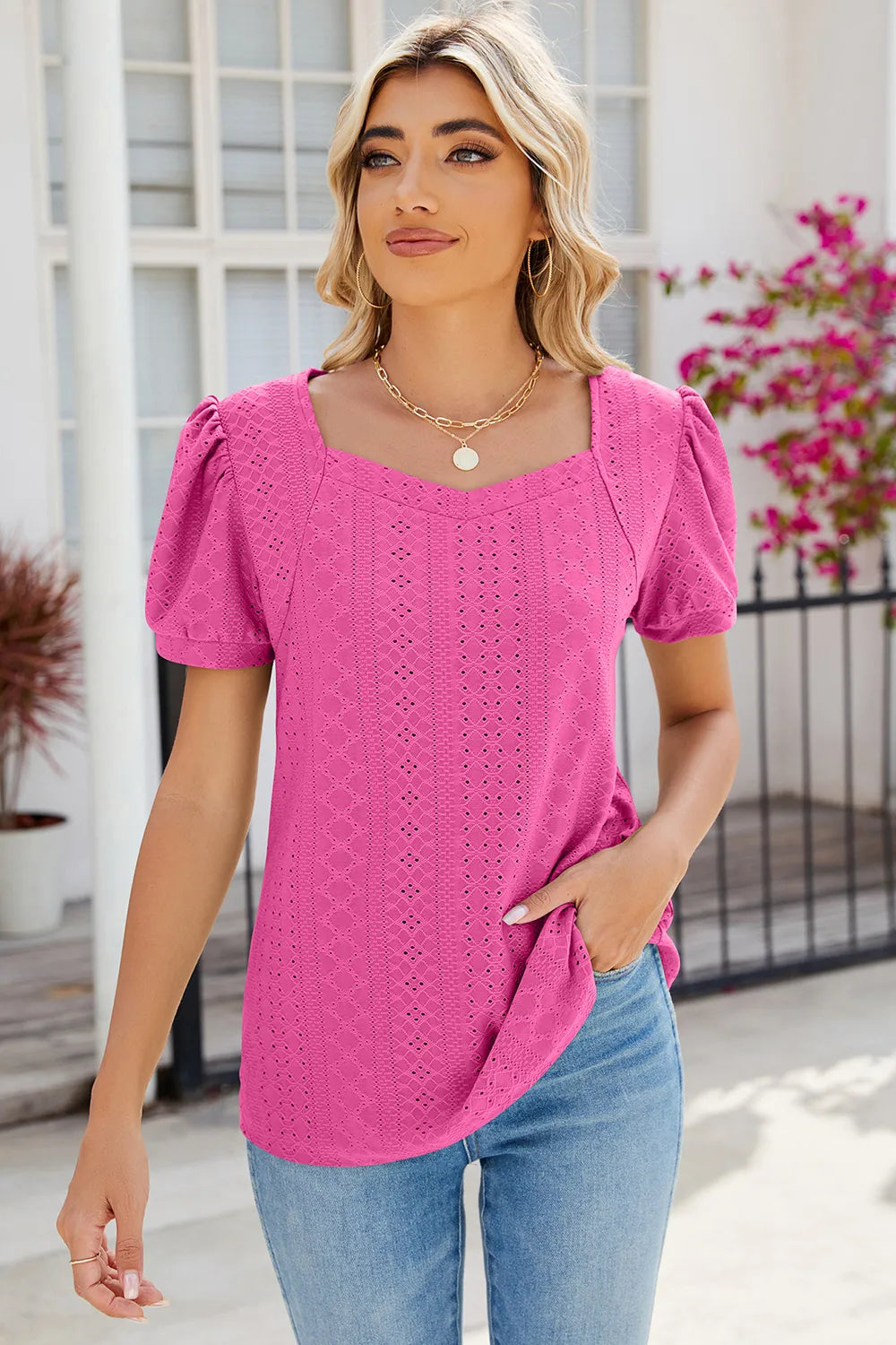 Eyelet Puff Sleeve T-Shirt – Trendsi | ClozArt