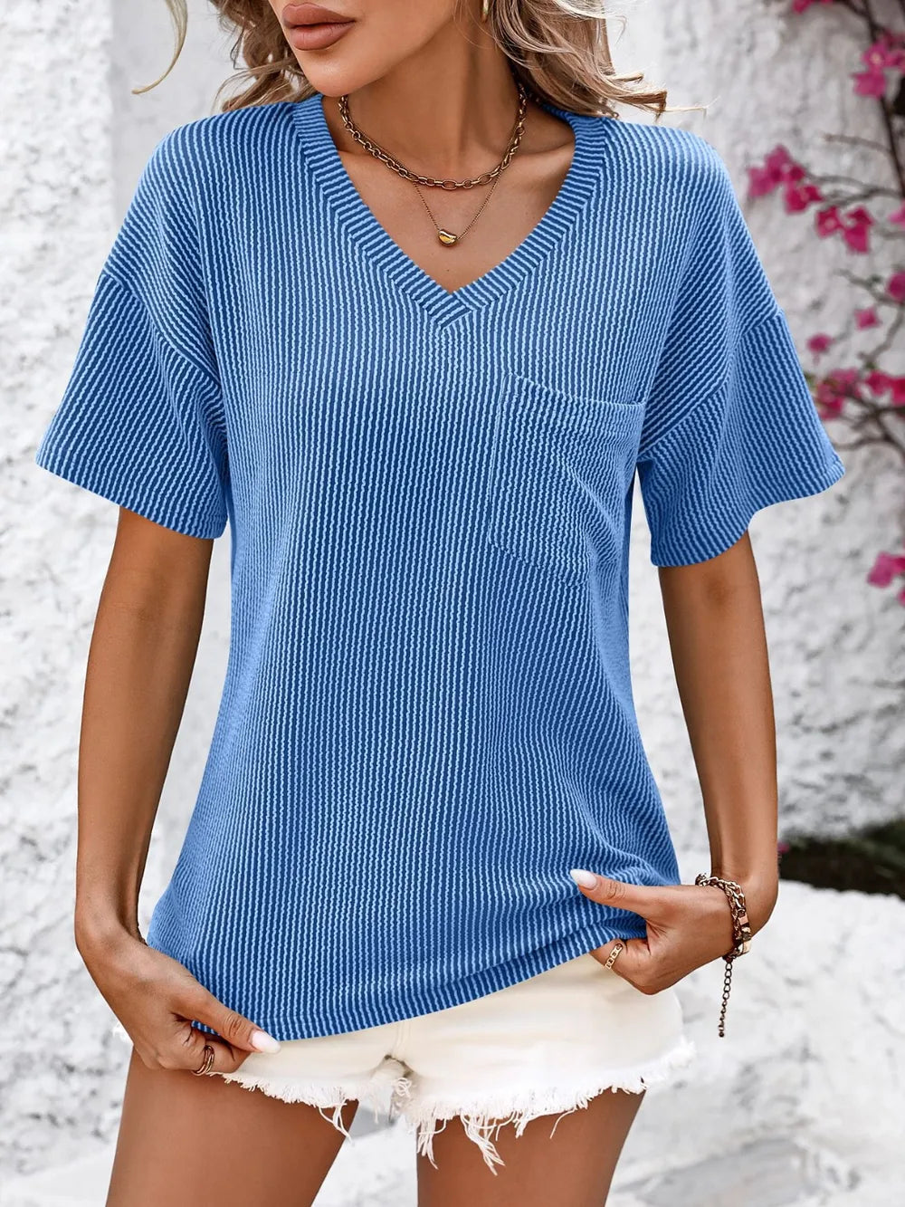 Mandy V-Neck Dropped Shoulder T-Shirt – Trendsi | ClozArt